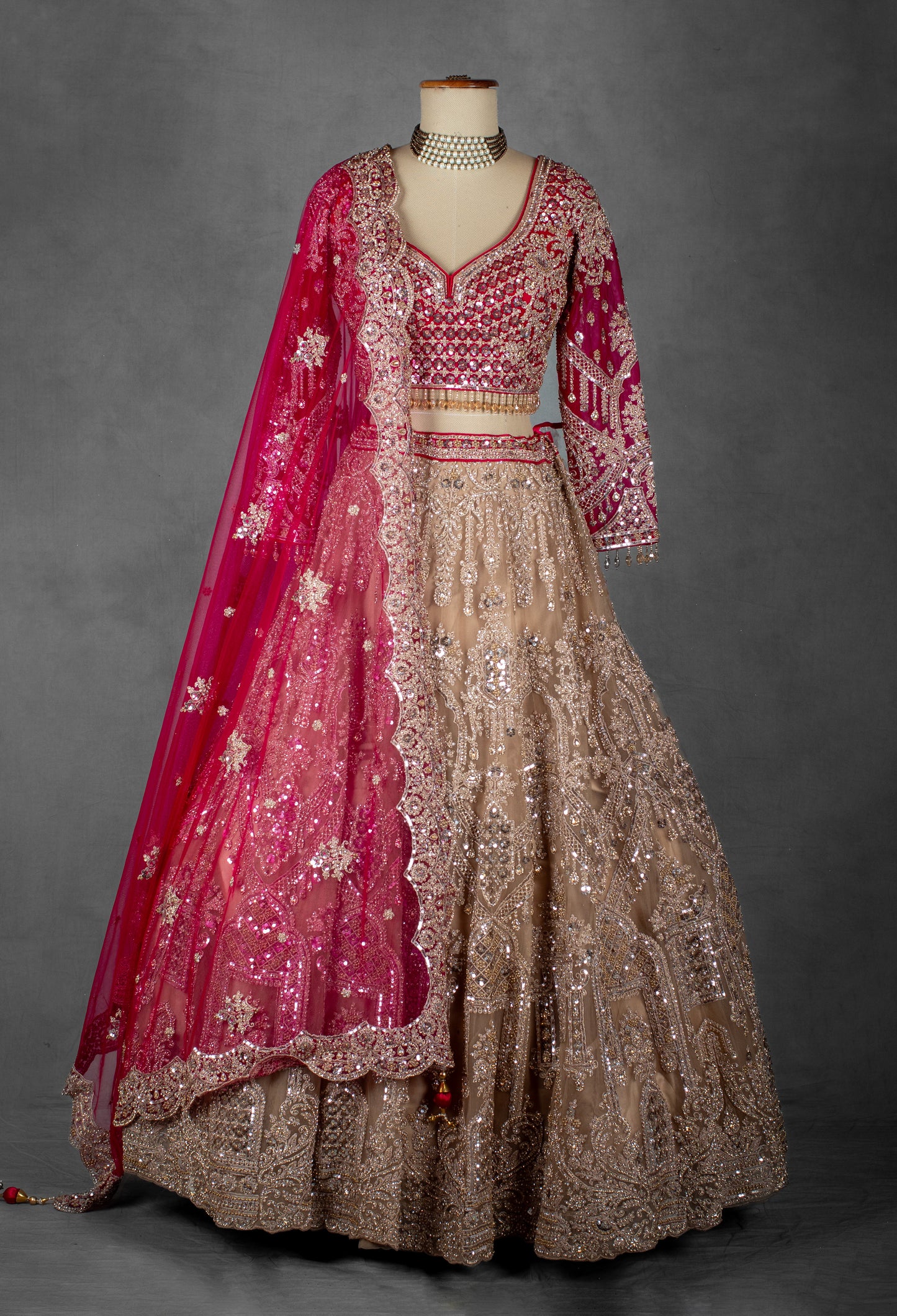 Rose Pink and Nude Gold Hand-Embroidered Lehenga with Full-Sleeve Blouse and Net Dupatta