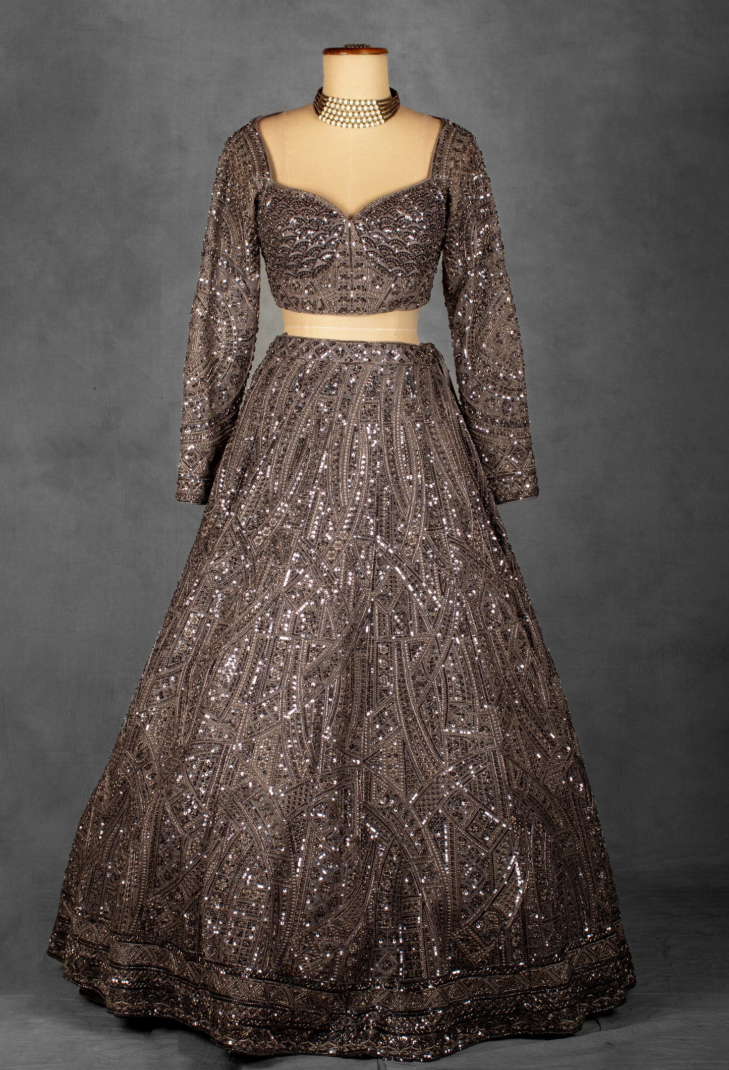 Smoky Brown Sequin Embellished Lehenga with Intricate Geometric Detailing