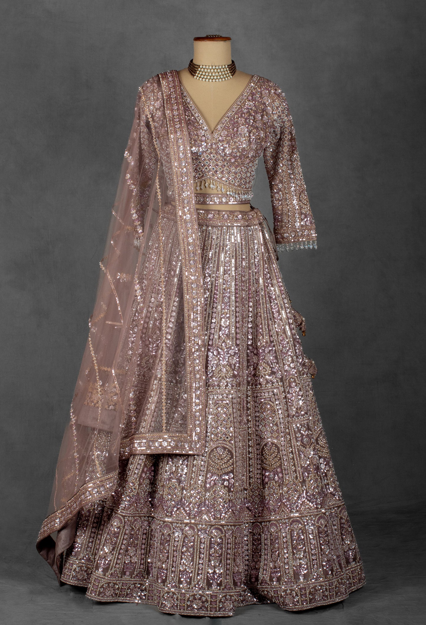 Mauve Rose Sequin Embroidered Lehenga with Full-Sleeve Blouse and Net Dupatta