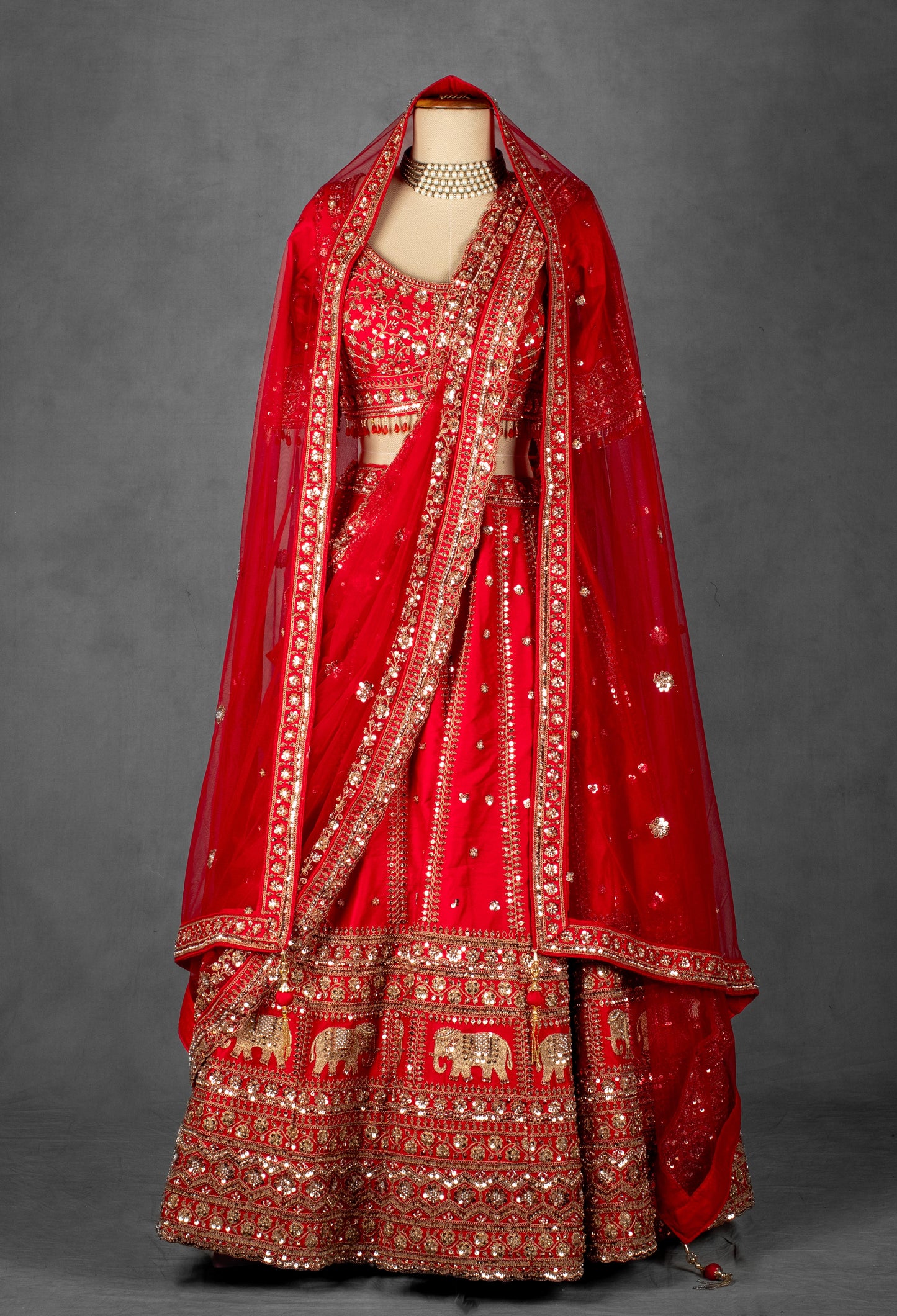 Royal Red Handcrafted Bridal Lehenga with Zardosi, Sequin & Elephant Motif Embroidery