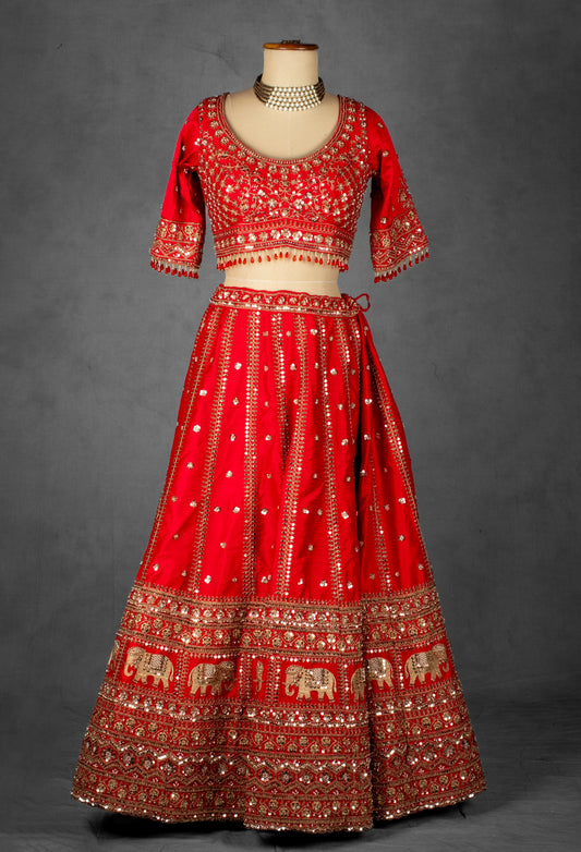 Royal red bridal lehenga with zardosi and elephant motif embroidery – product image 2
