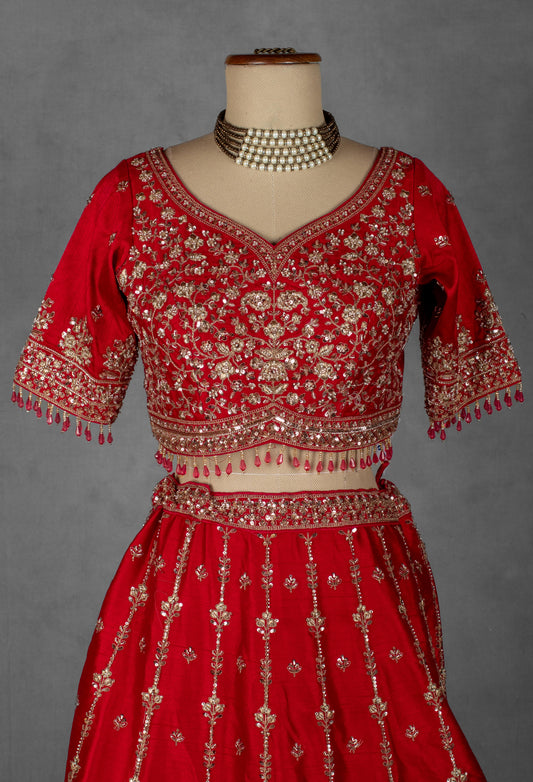 Classic red hand-embroidered bridal lehenga with zardosi work – product image 2
