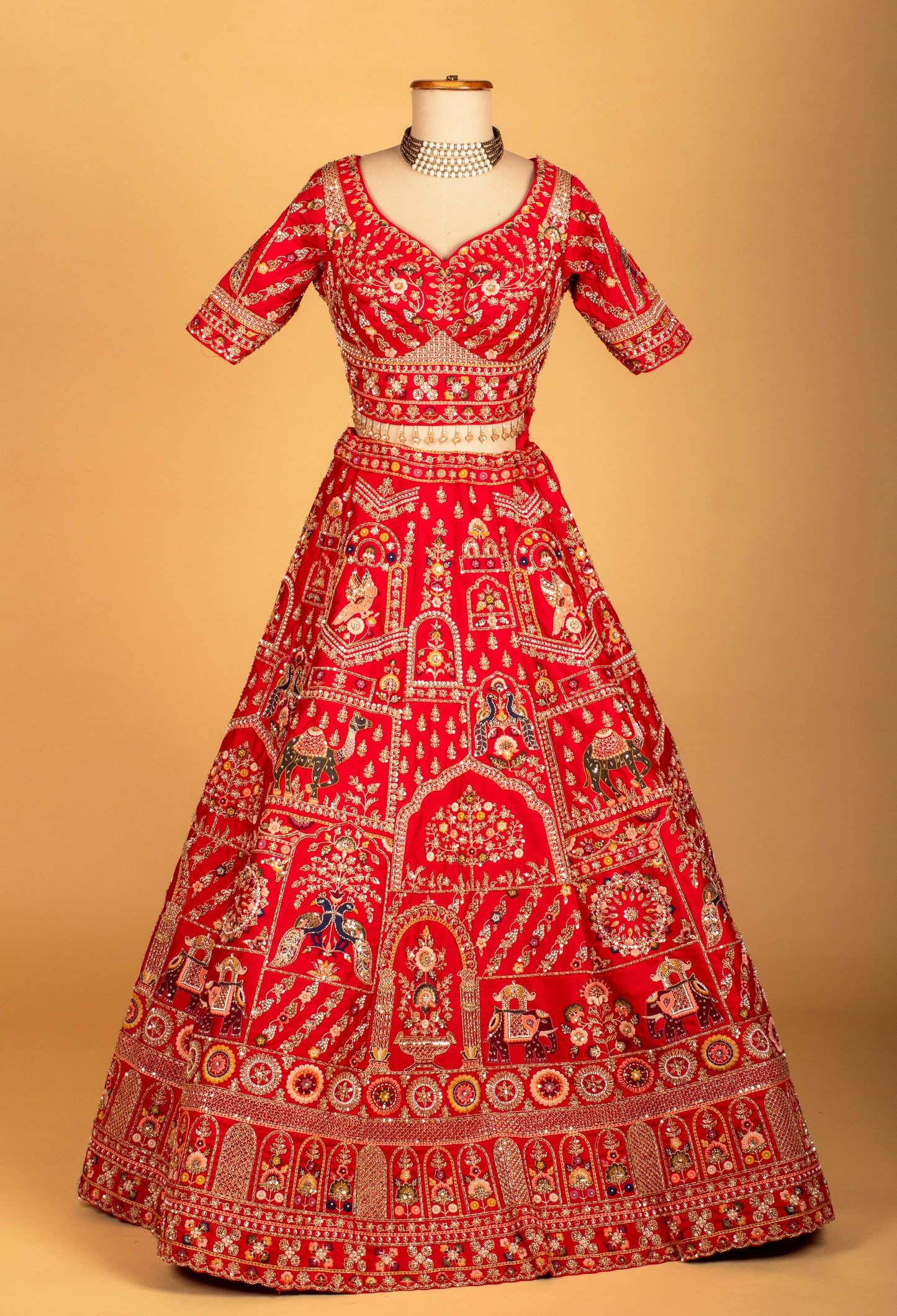 Red Heritage Embroidered Bridal Crop Top Lehenga Set with Net Dupatta