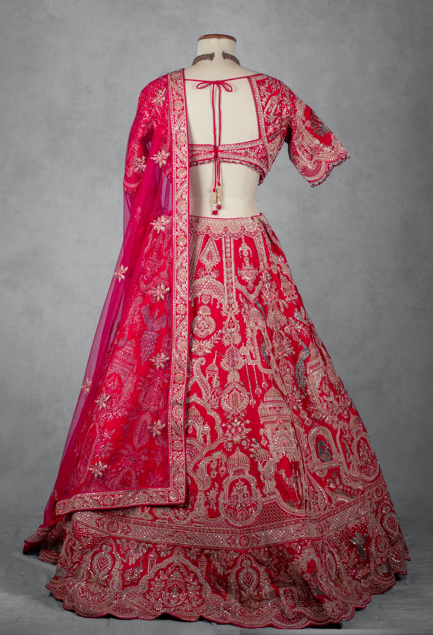 Ruby Red Hand-Embroidered Bridal Lehenga Set with Net Dupatta
