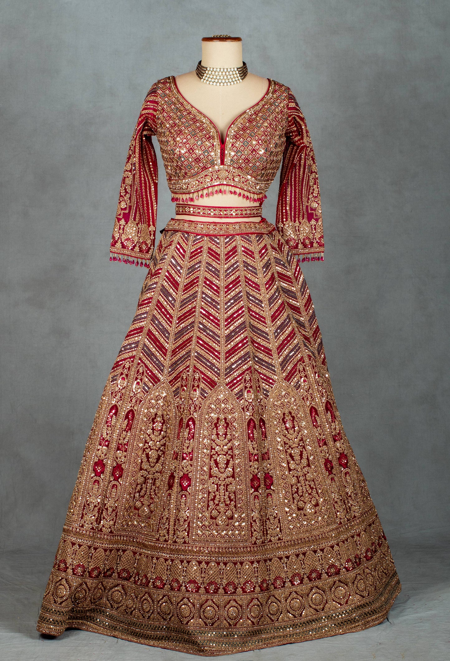 Champagne Gold Hand-Embroidered Bridal Crop Top Lehenga Set with Net Dupatta