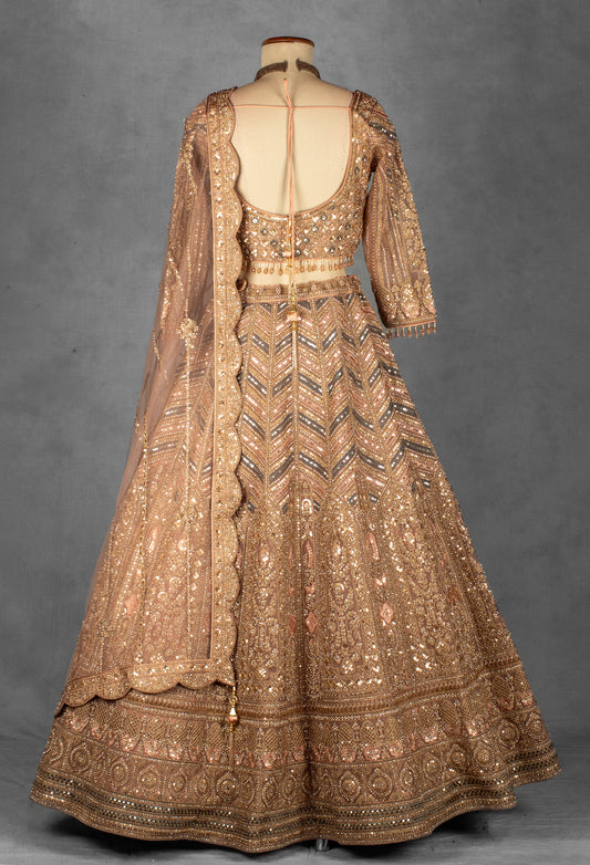Wine red hand-embroidered bridal lehenga with net dupatta – product image 2