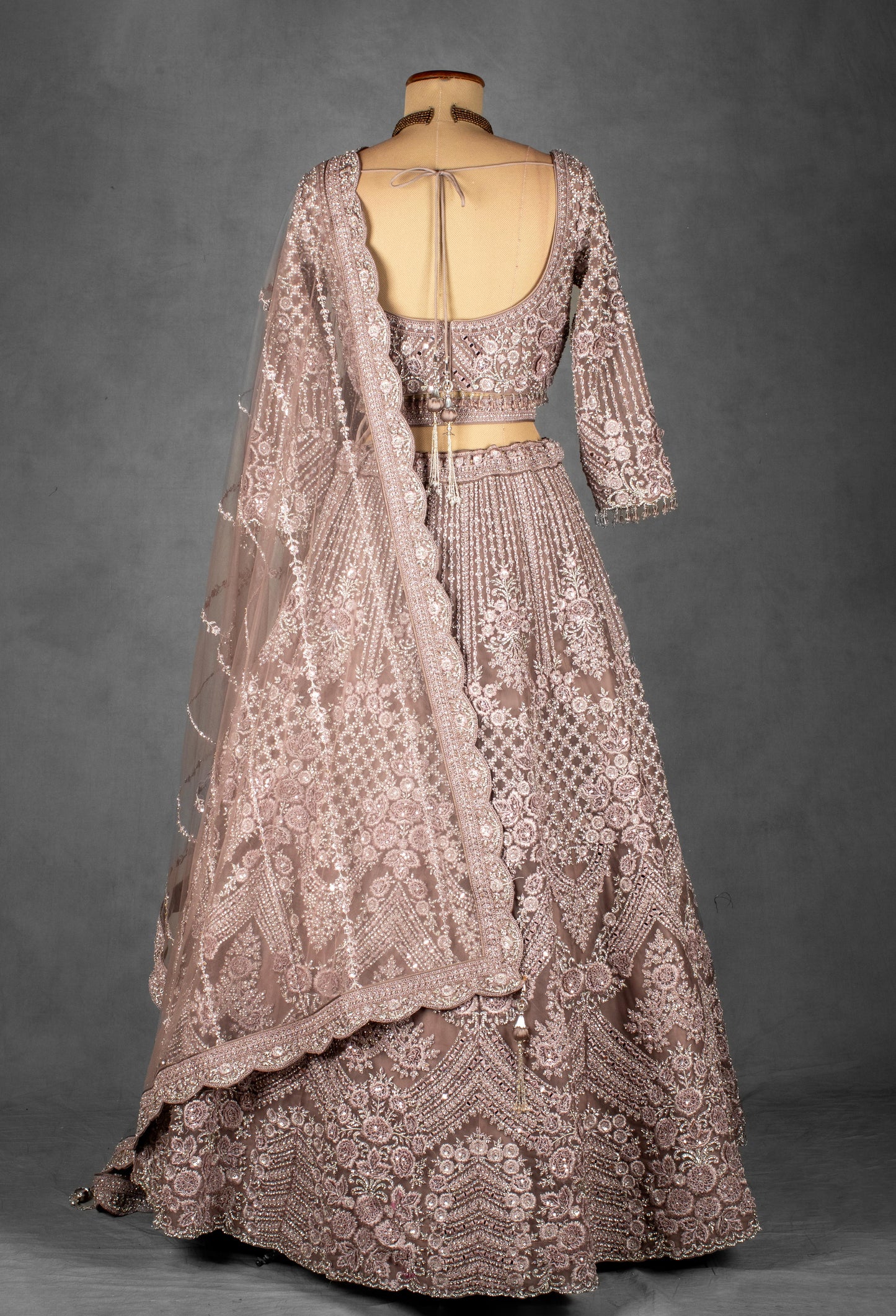 Dusty Mauve Hand-Embroidered Crop Top Lehenga Set with Net Dupatta