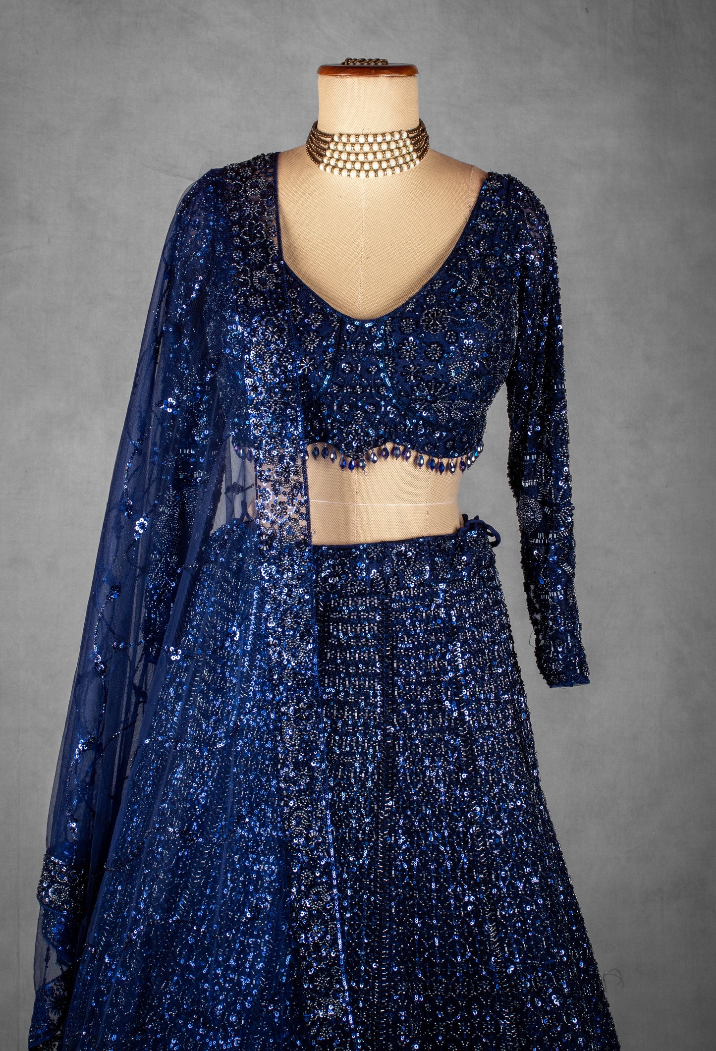 Navy Blue Sequin Embroidered Crop Top Lehenga Set with Net Dupatta
