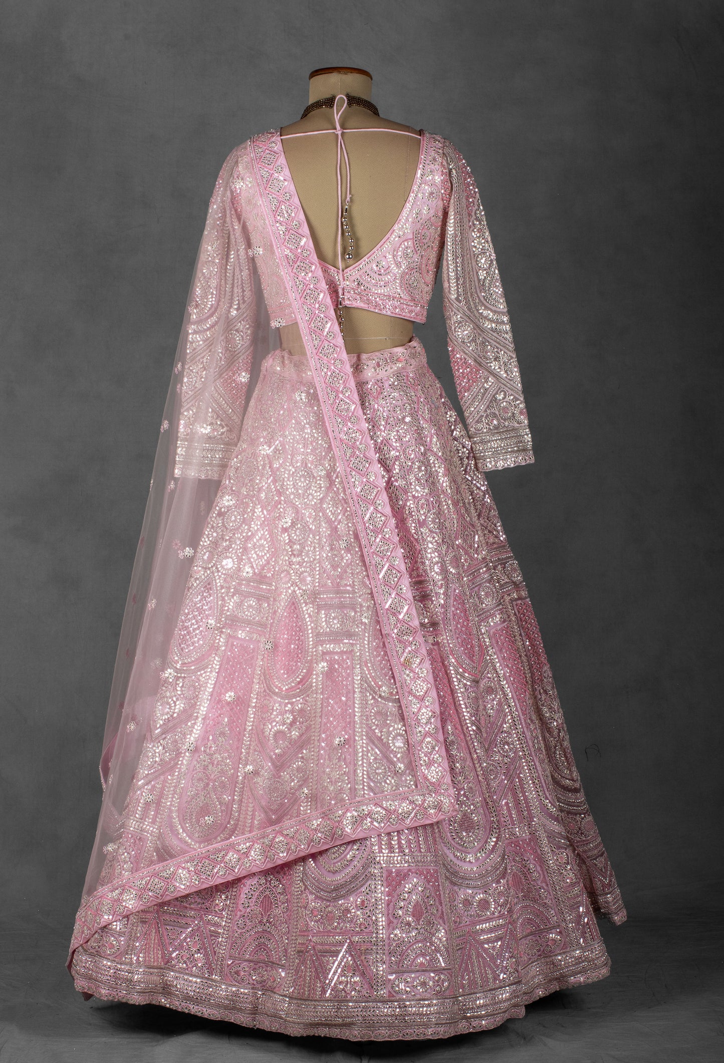 Baby Pink Mirror & Sequin Embroidered Crop Top Lehenga Set with Net Dupatta