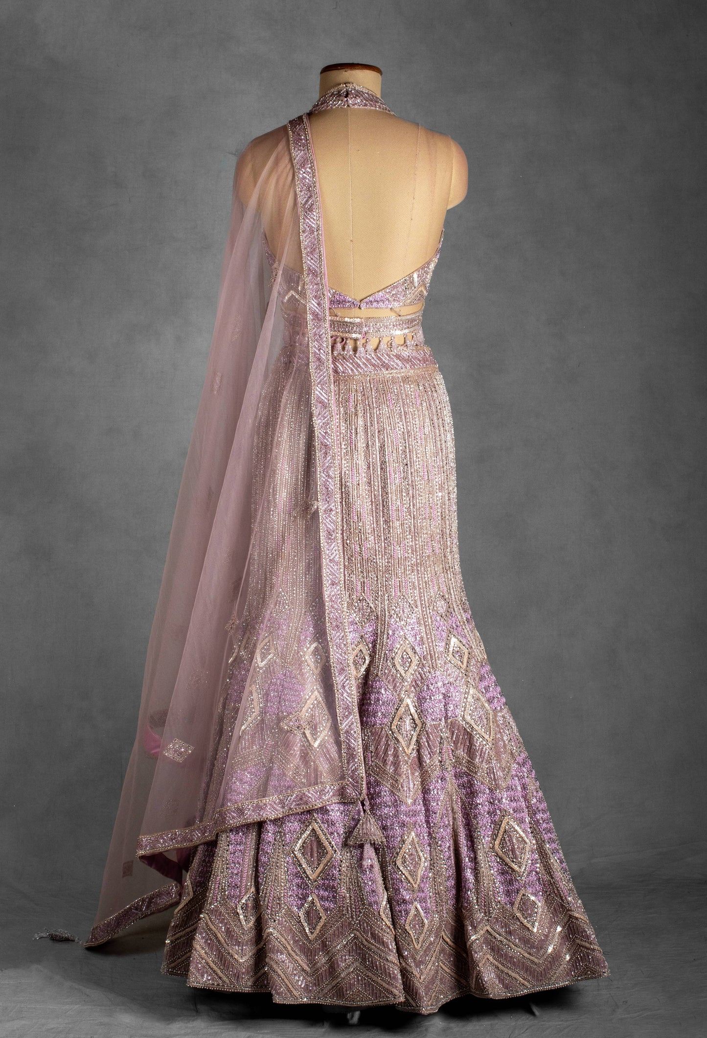Lavender Embellished Crop Top Lehenga Set with Net Dupatta