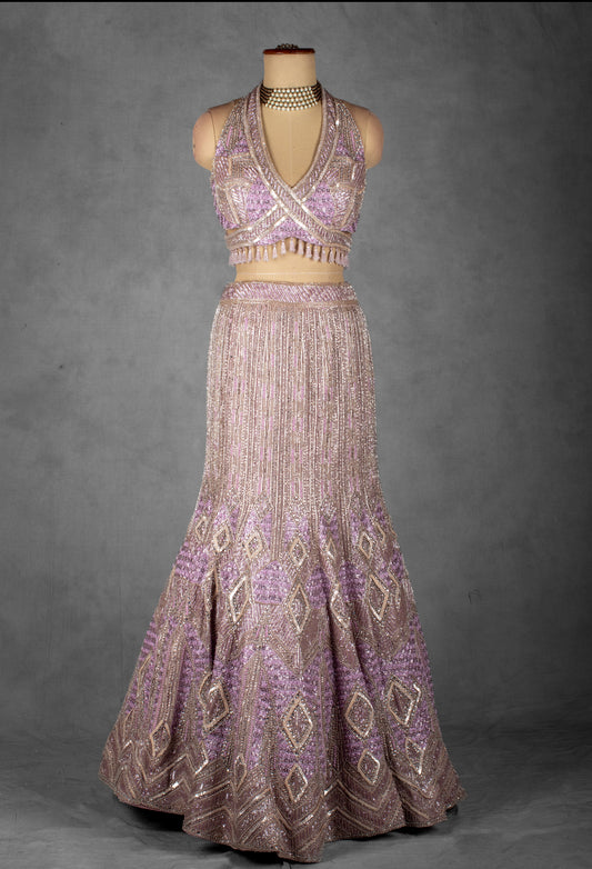 Lavender embellished crop-top lehenga with net dupatta – product image 2