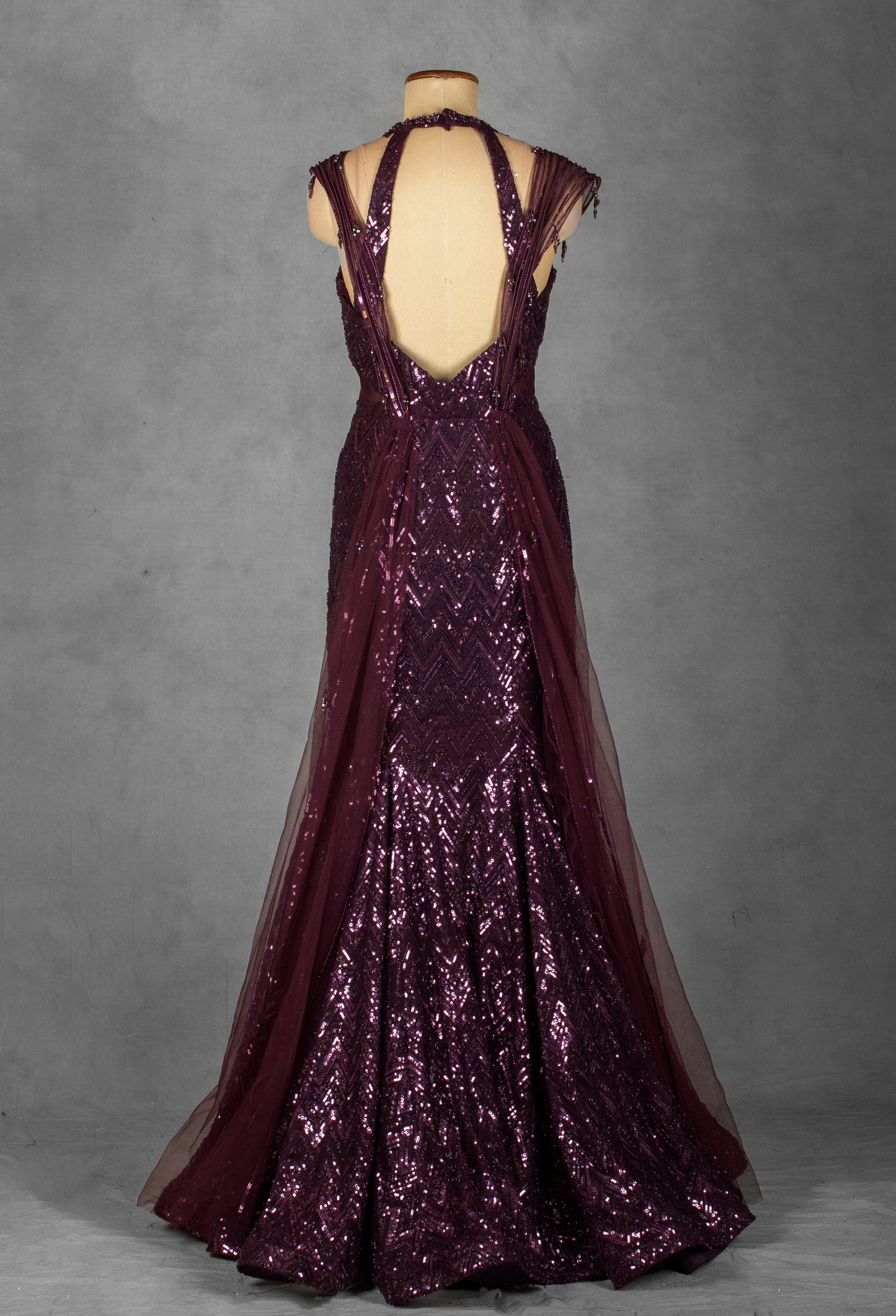 Plum Sequin Embellished Mermaid Gown with Beaded Shoulder Detailing