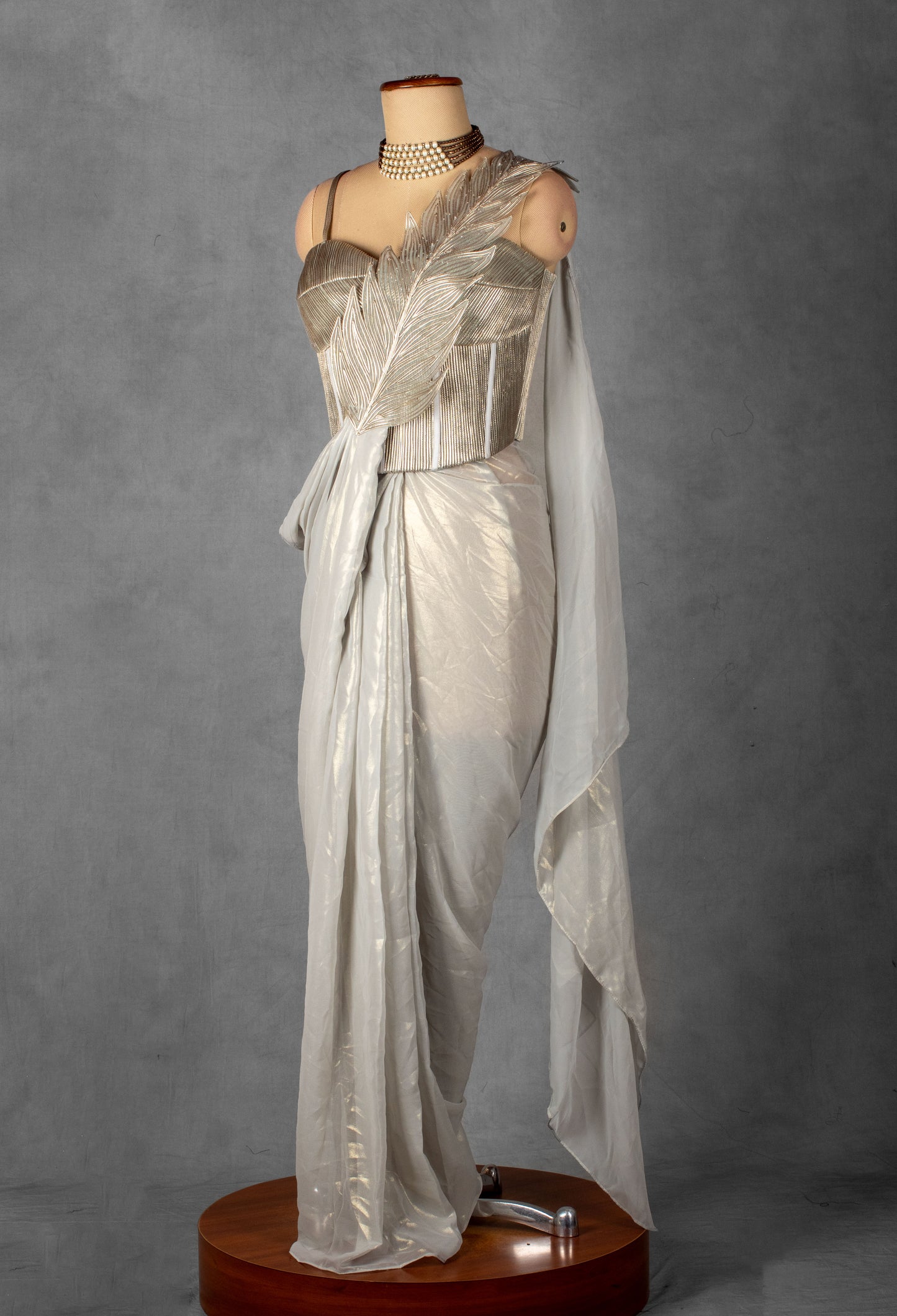 Metallic Ivory Drape Gown with Sculpted Leaf Bodice