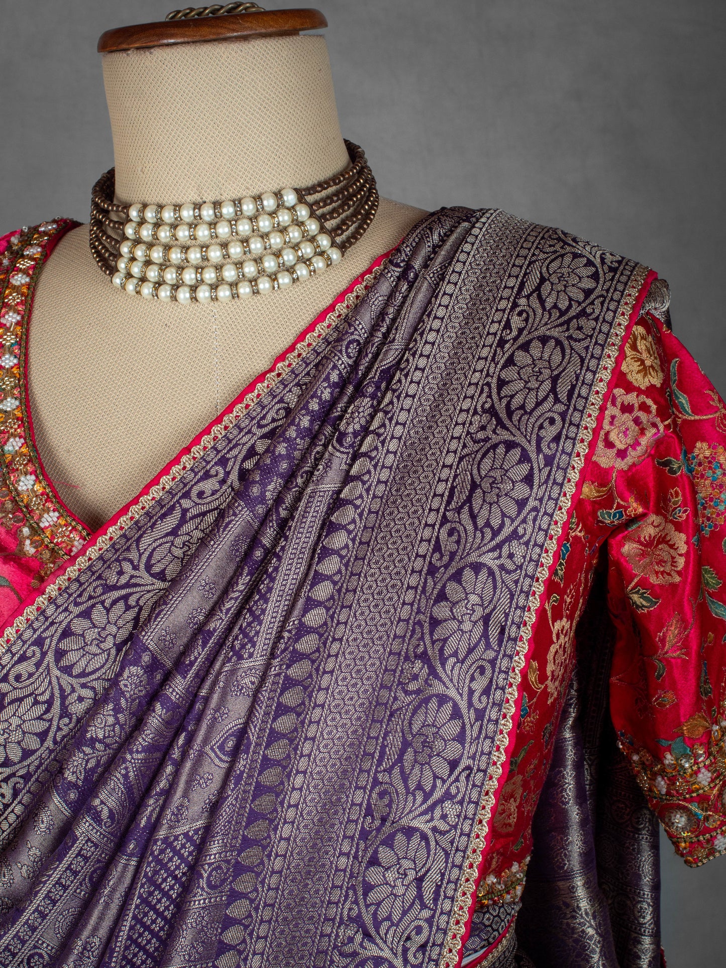 Purple Banarasi Silk Saree with Pink Embroidered Blouse
