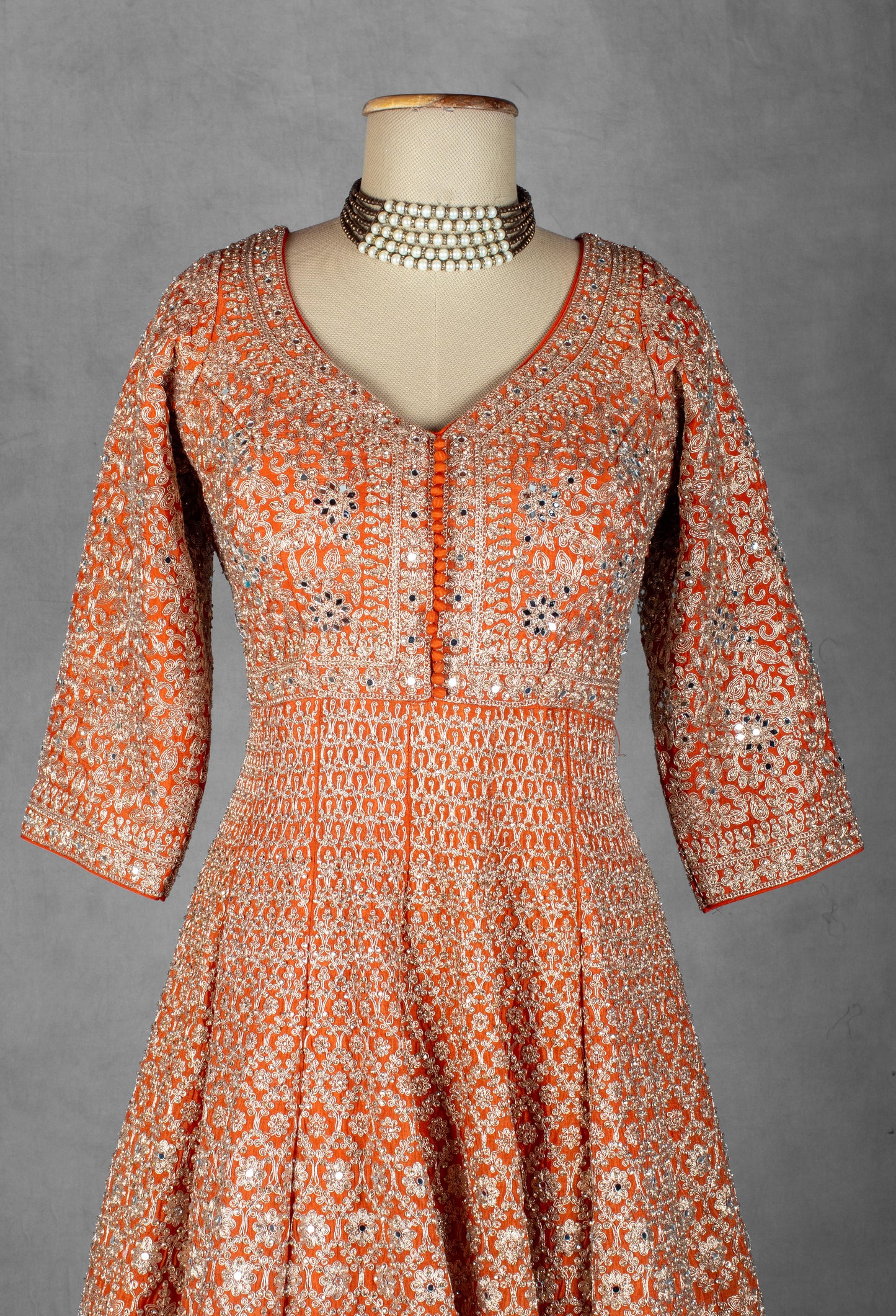 Burnt Orange Zari & Mirror Embroidered Anarkali Lehenga Set with Net Dupatta