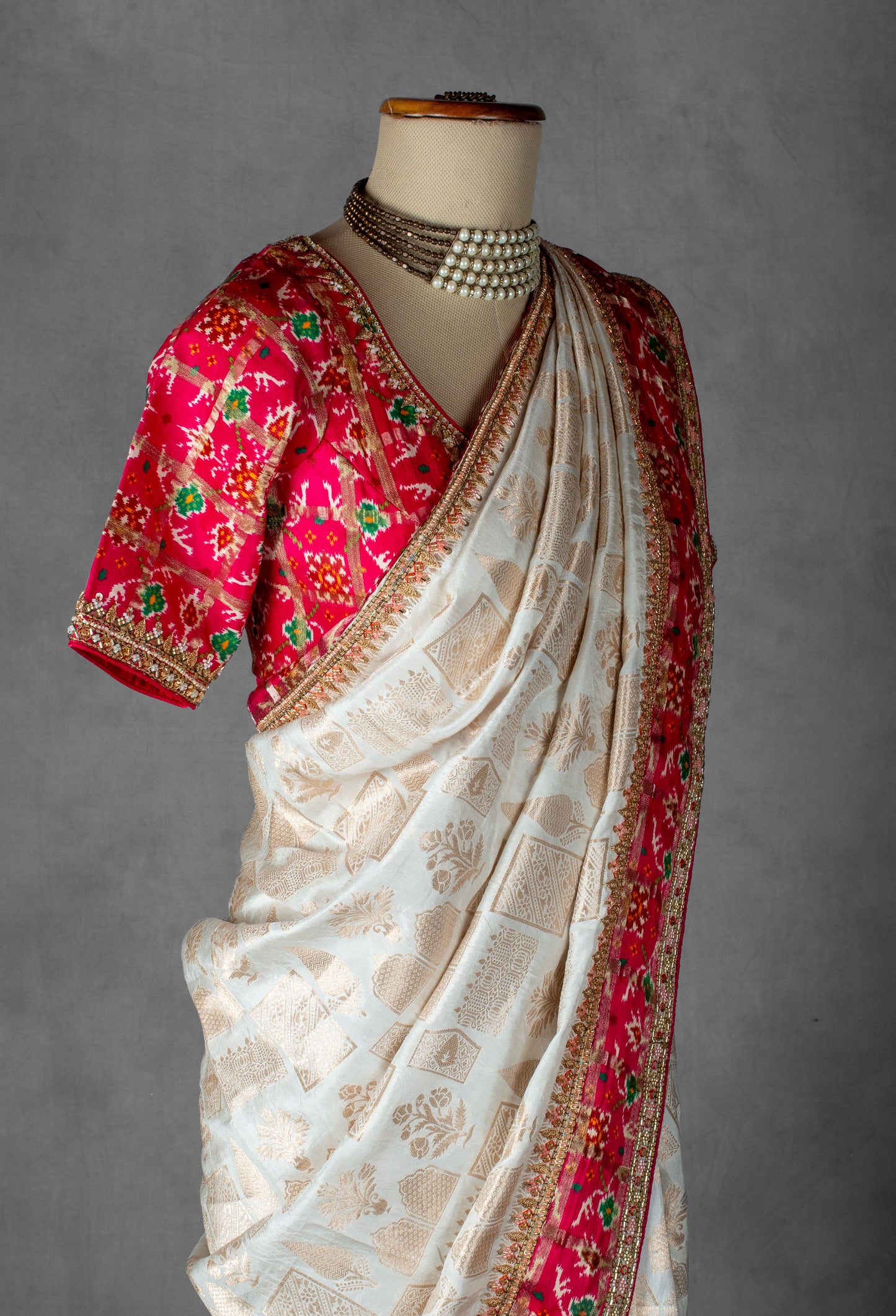 Ivory and Red Banarasi Silk Saree with Hand-Embroidered Blouse