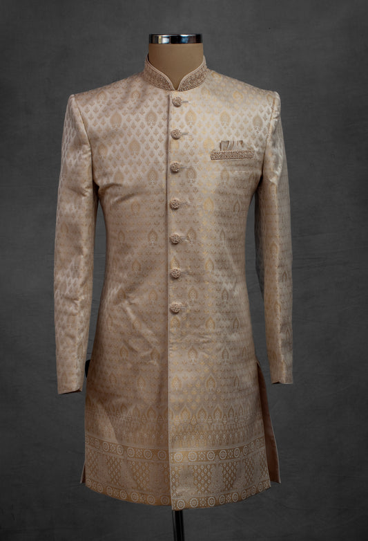 Gold beige jacquard sherwani for men with woven zari motifs – product image 2