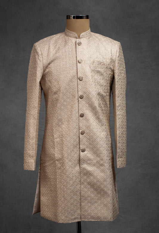 Beige brocade kurta for men with subtle gold shimmer – product image 2