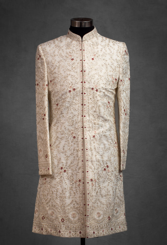 Cream heavy embroidered sherwani for men with golden zari work – product image 2