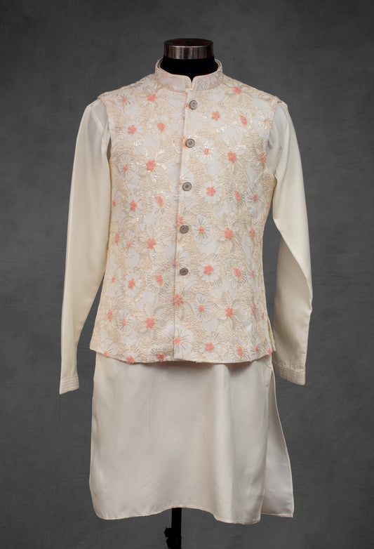 Cream floral embroidered kurta for men with peach and gold detailing – product image 2