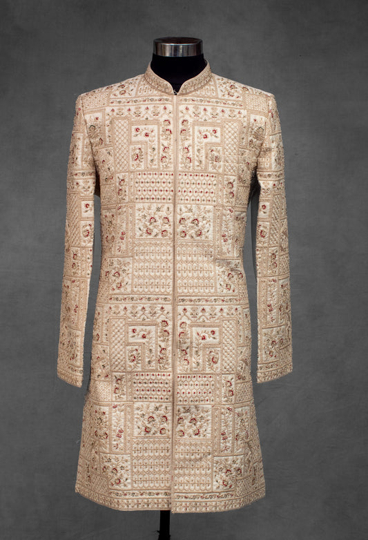 Beige embroidered silk-blend kurta with gold and maroon detailing – product image 2