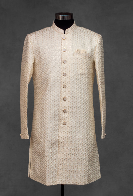 Cream textured jacquard sherwani for men – product image 2