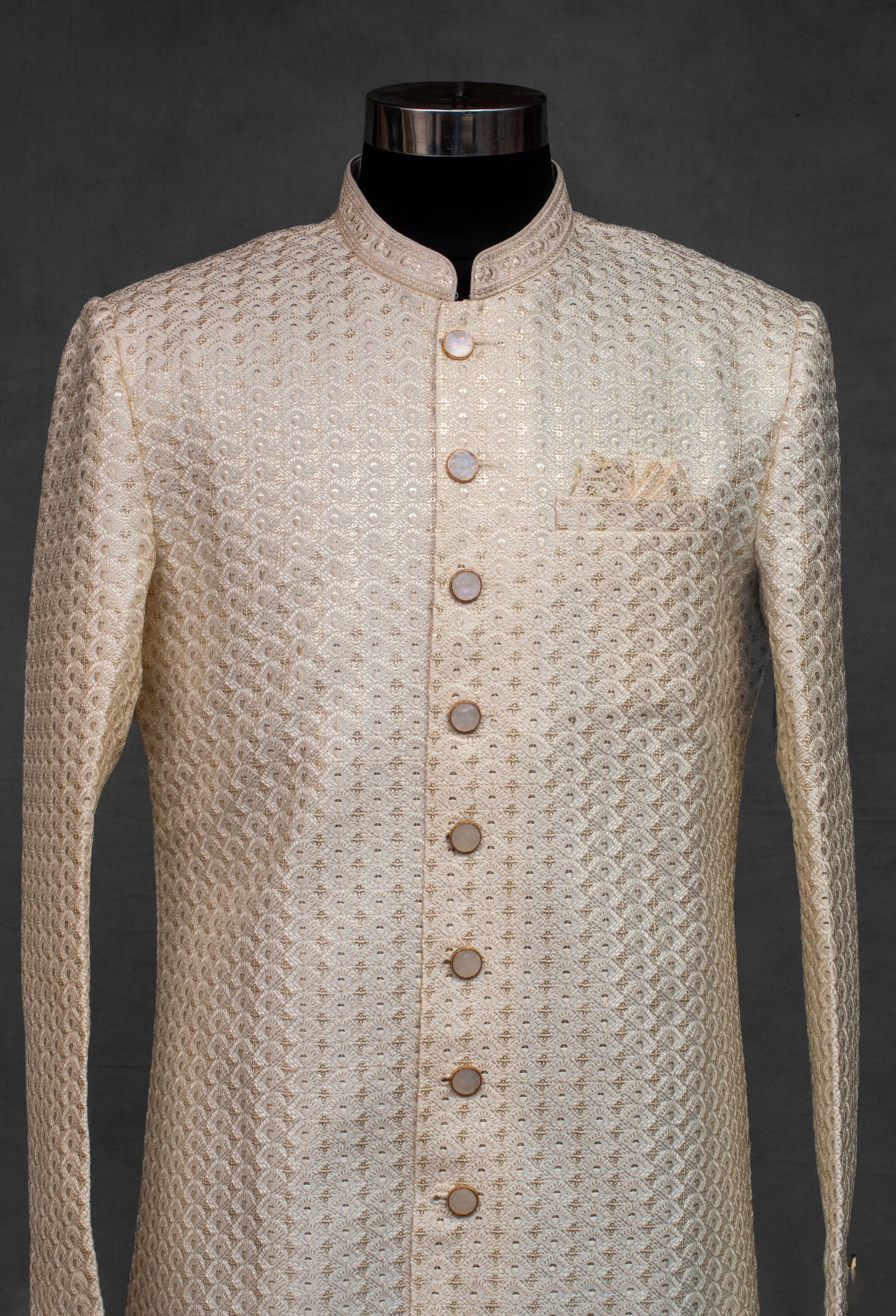 Cream Textured Sherwani for Men