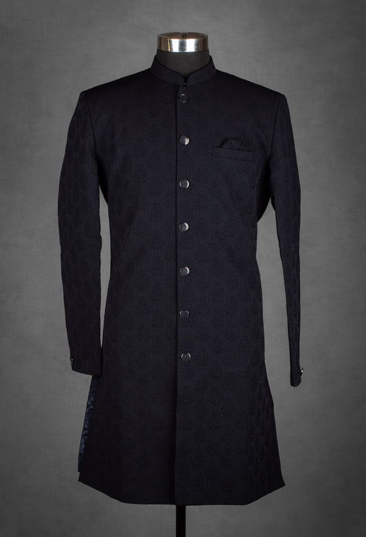 Black textured jacquard kurta for men with mandarin collar – product image 2
