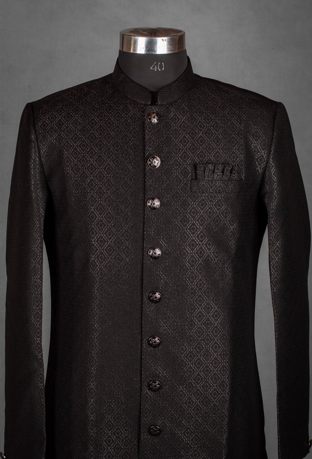 Black self-textured jacquard sherwani for men – alternate view 6