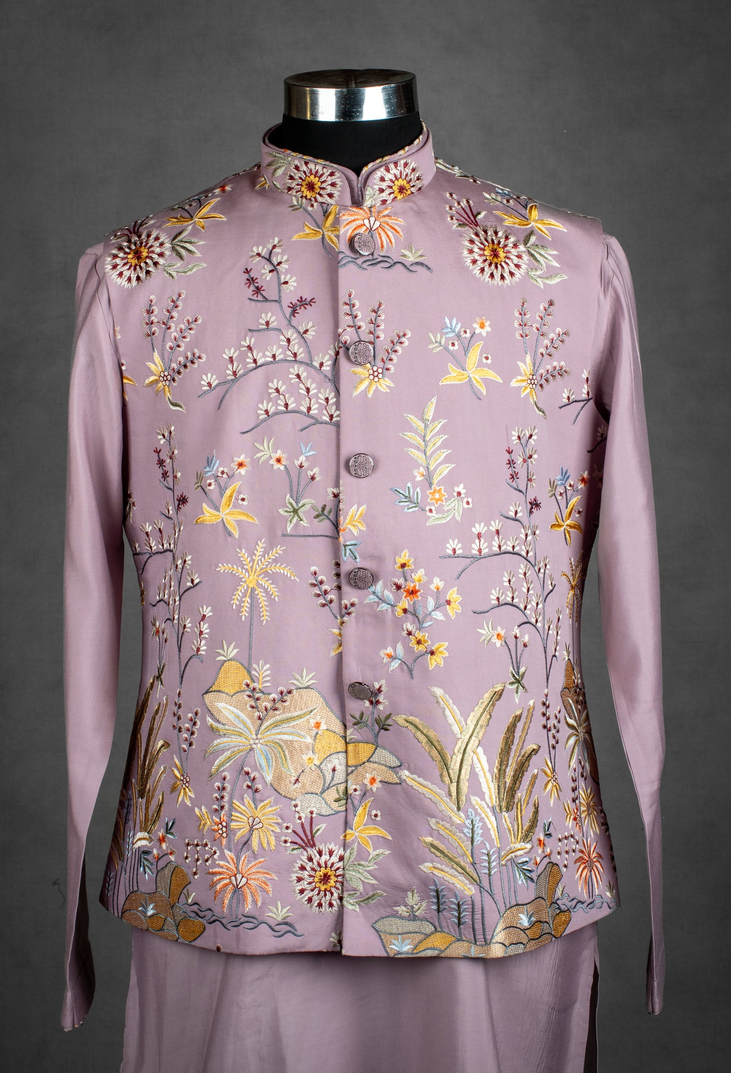 Mauve Floral Embroidered Nehru Jacket Set for Men