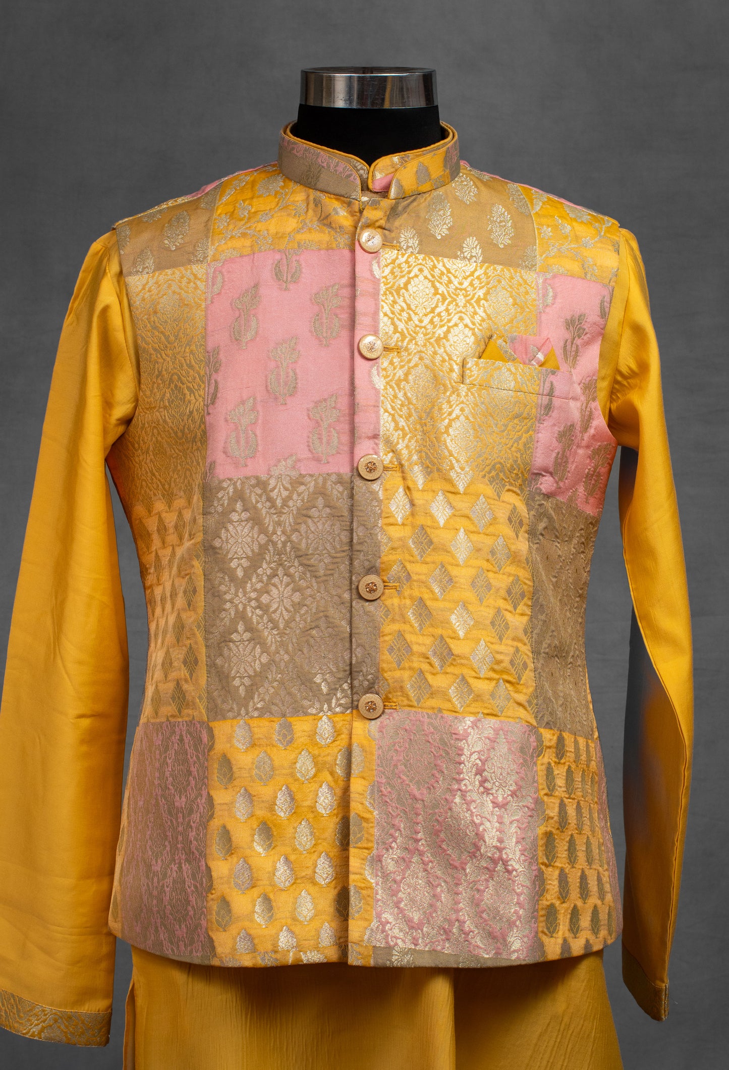 Mustard Yellow Banarasi Patchwork Silk Kurta for Men