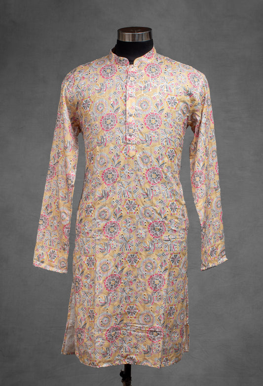 Pastel yellow printed cotton kurta for men – product image 2