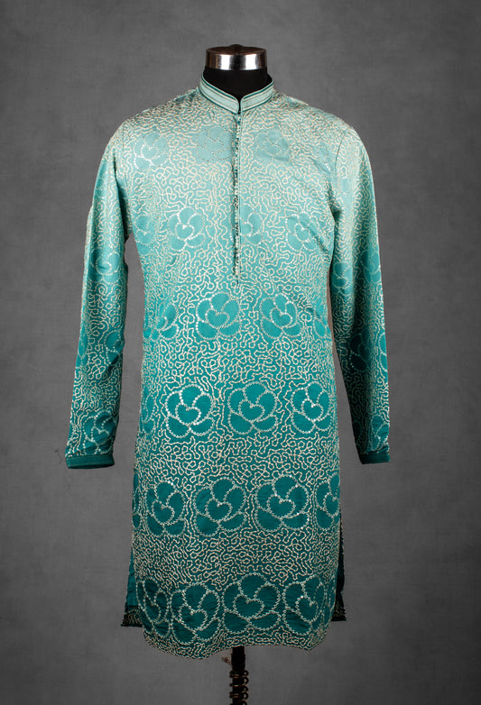 Teal green sequin embroidered kurta for men – product image 2