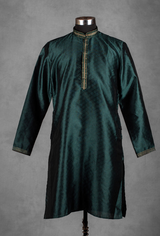 Dark green jacquard silk kurta for men – product image 2