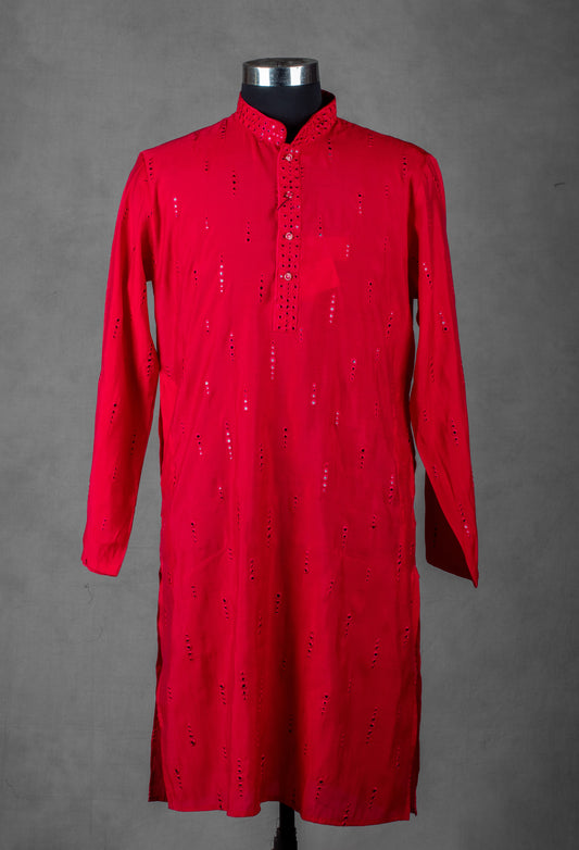 Red mirror work kurta for men – product image 2
