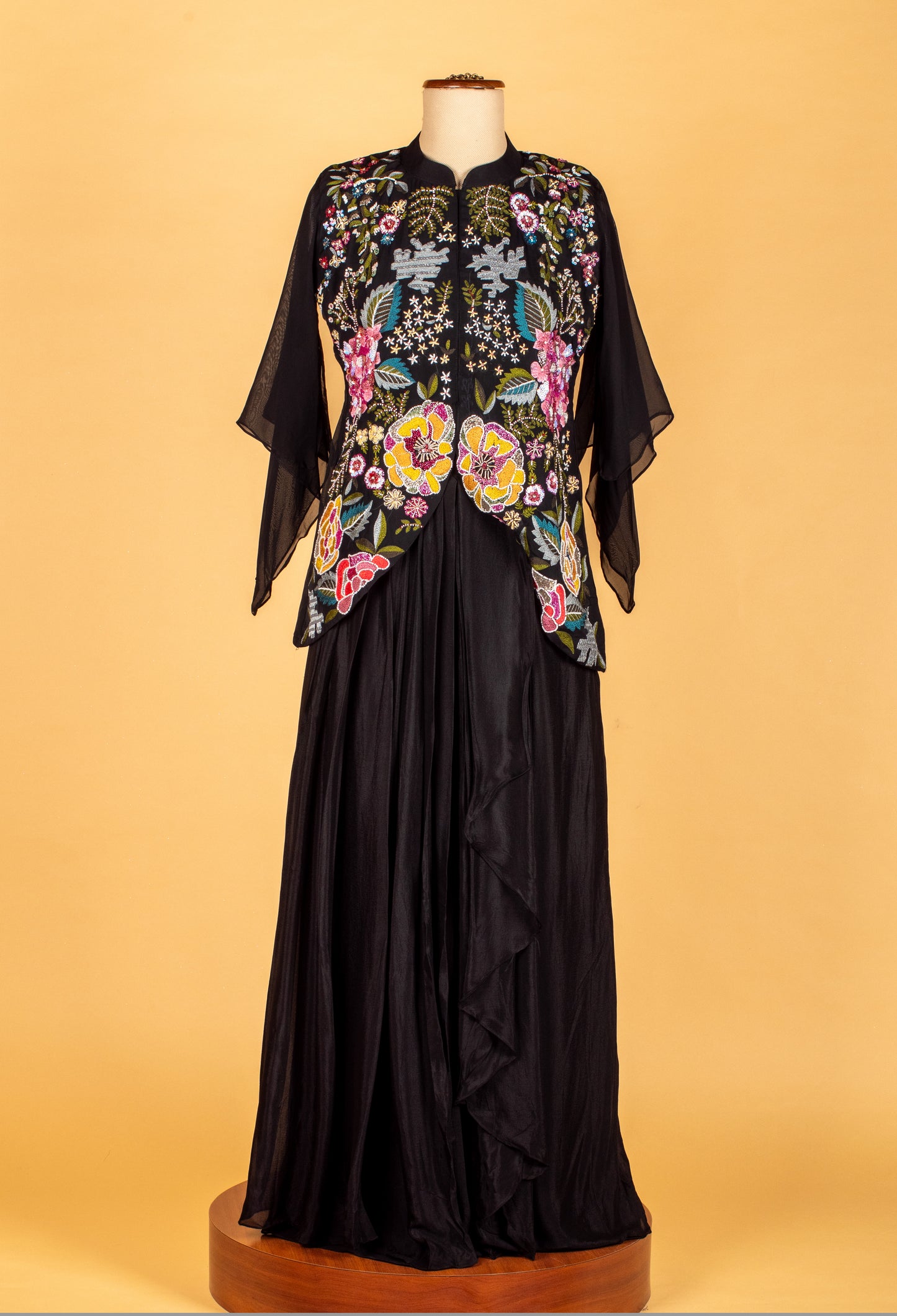 Straight Cut Black Indo Western Gown with Multicolor Embroidered Cape