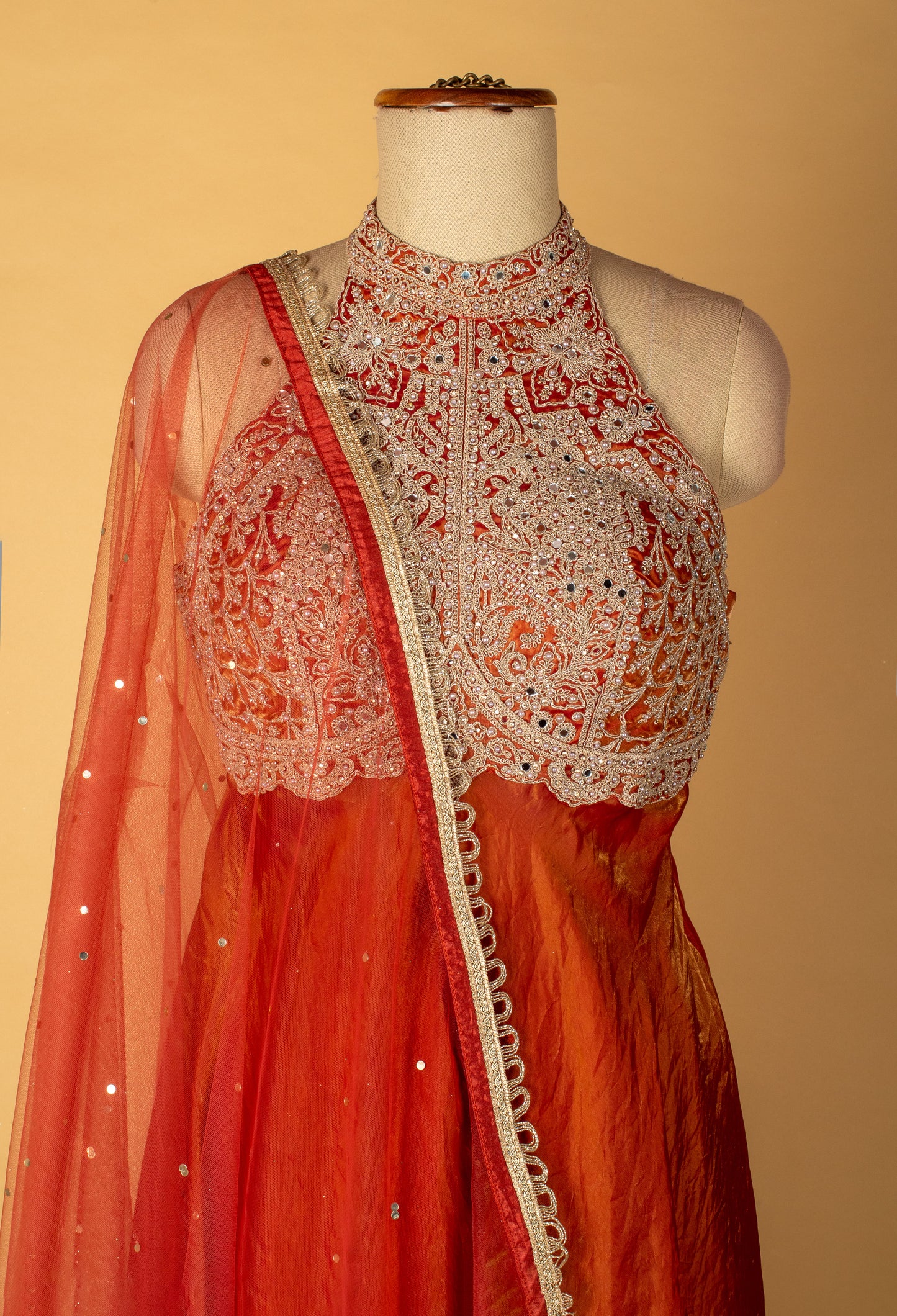 Straight Cut Rust-Orange Indo Western Gown with Heavy Embroidered Bodice and Net Dupatta – Festive / Reception / Sangeet Outfit