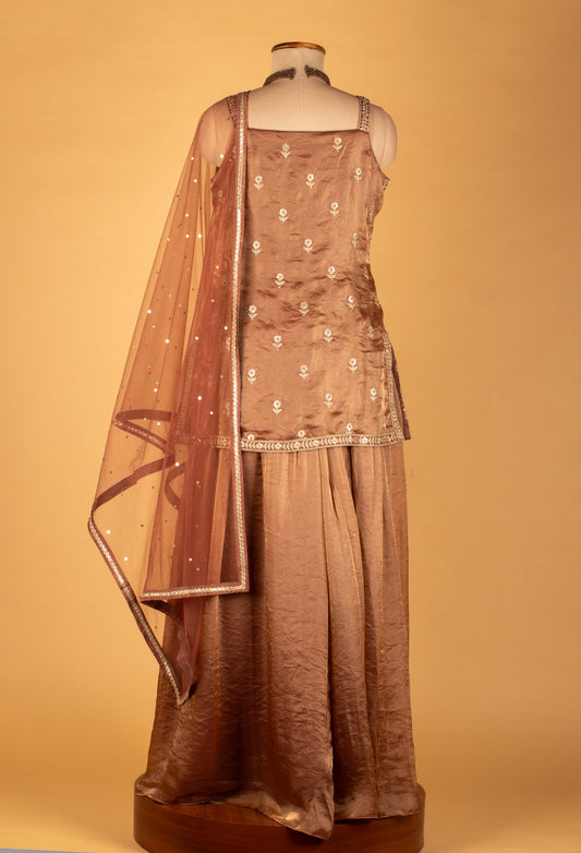 Bronze embroidered Indo-Western gown with net dupatta – product image 2