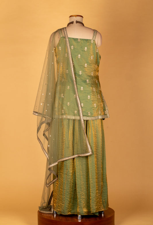 Mint green embroidered Indo-Western top with net dupatta – product image 2