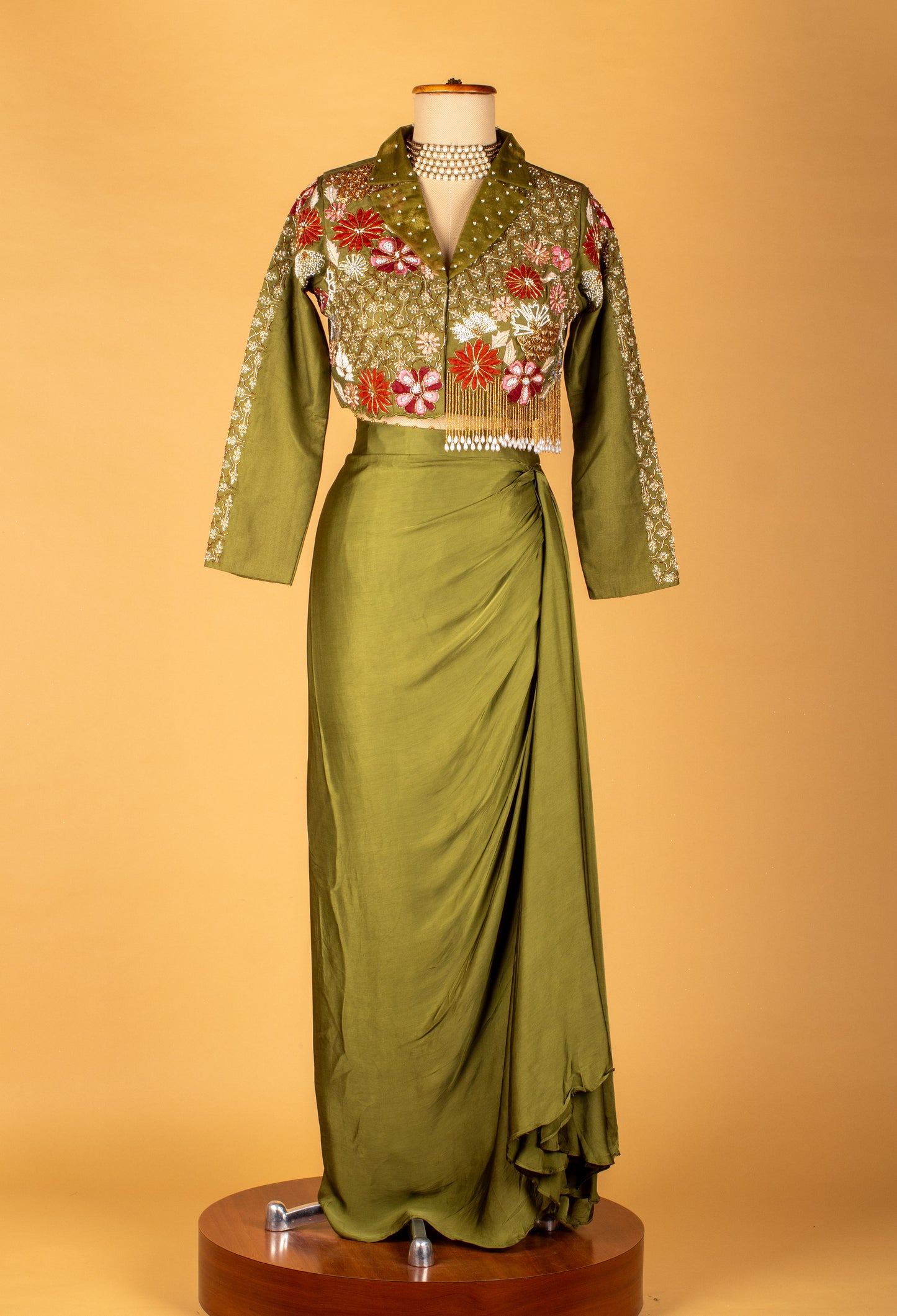 Olive Green Straight-Cut Skirt Set with Embroidered Jacket Blouse
