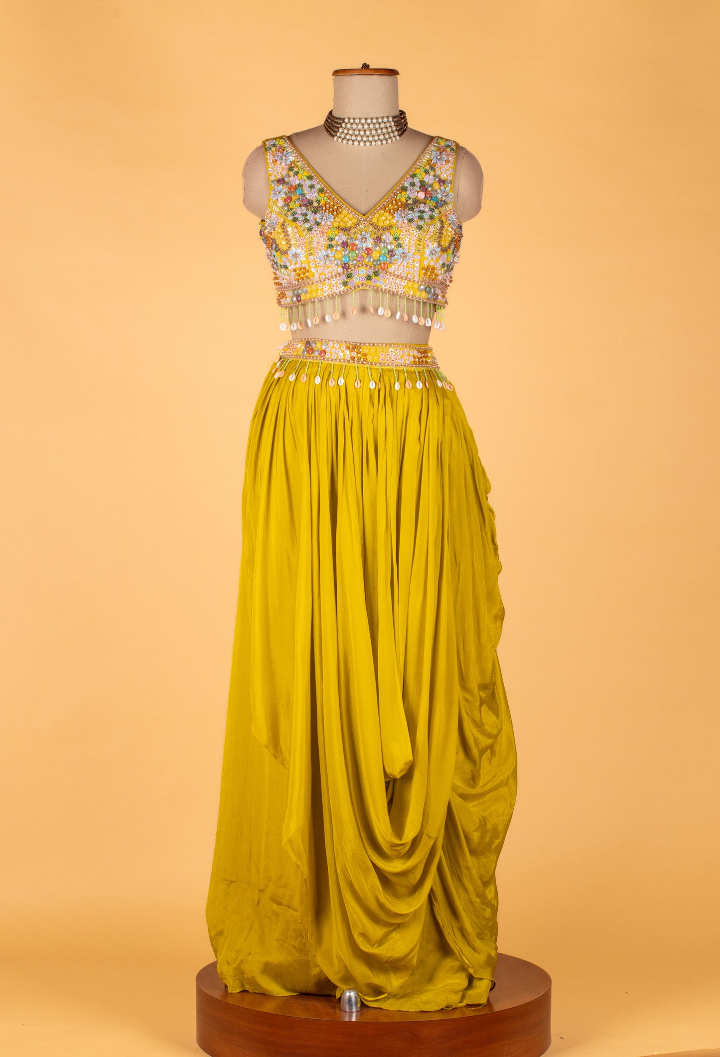 Straight Cut Yellow Mirror-Work Indo Western Set with Cape Dupatta – Festive / Mehendi / Sangeet Outfit