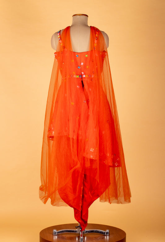 Orange Indo-Western dress with multicolor embellishment and net cape – product image 2
