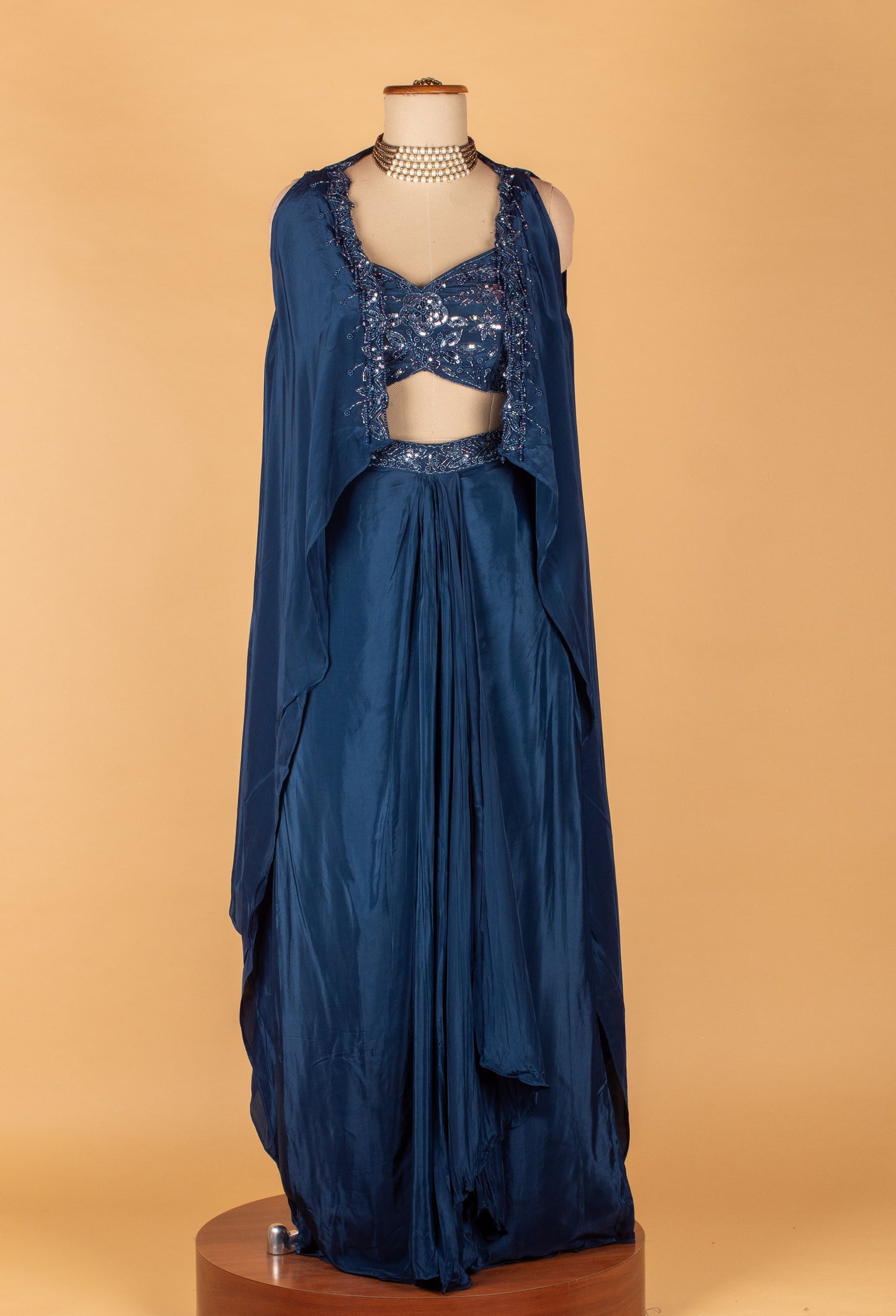 Straight Cut Navy Blue Indo Western Set with Embellished Cape and Blouse