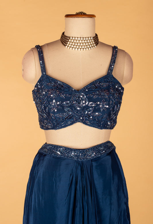 Navy blue Indo-Western set with embellished cape and blouse – product image 2