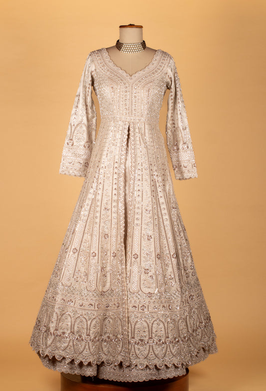 Nude beige embellished Anarkali gown with full sleeves and dupatta – product image 2