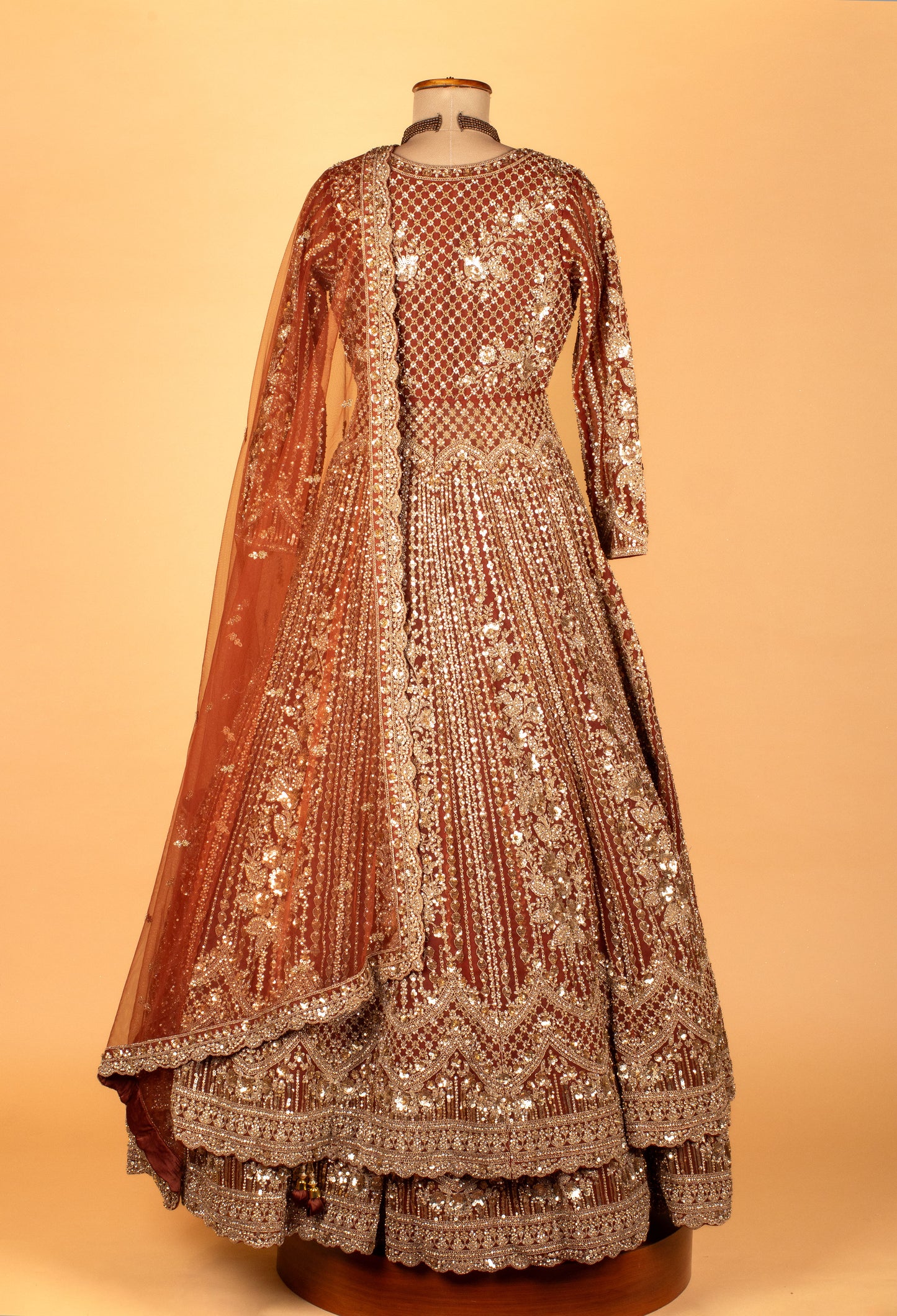 Luxury Heavy Hand-Embroidered Anarkali Gown – Maroon Wine | Sequins, Zari & Bead Work with Dupatta