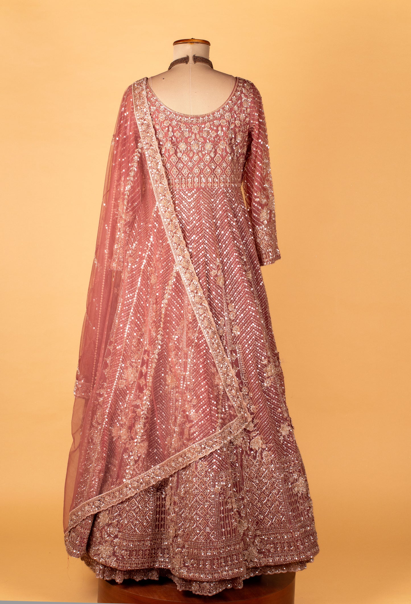 Designer Sequin & Thread Embellished Long Anarkali Gown – Dusty Rose Pink | Bridal / Occasion Wear with Dupatta