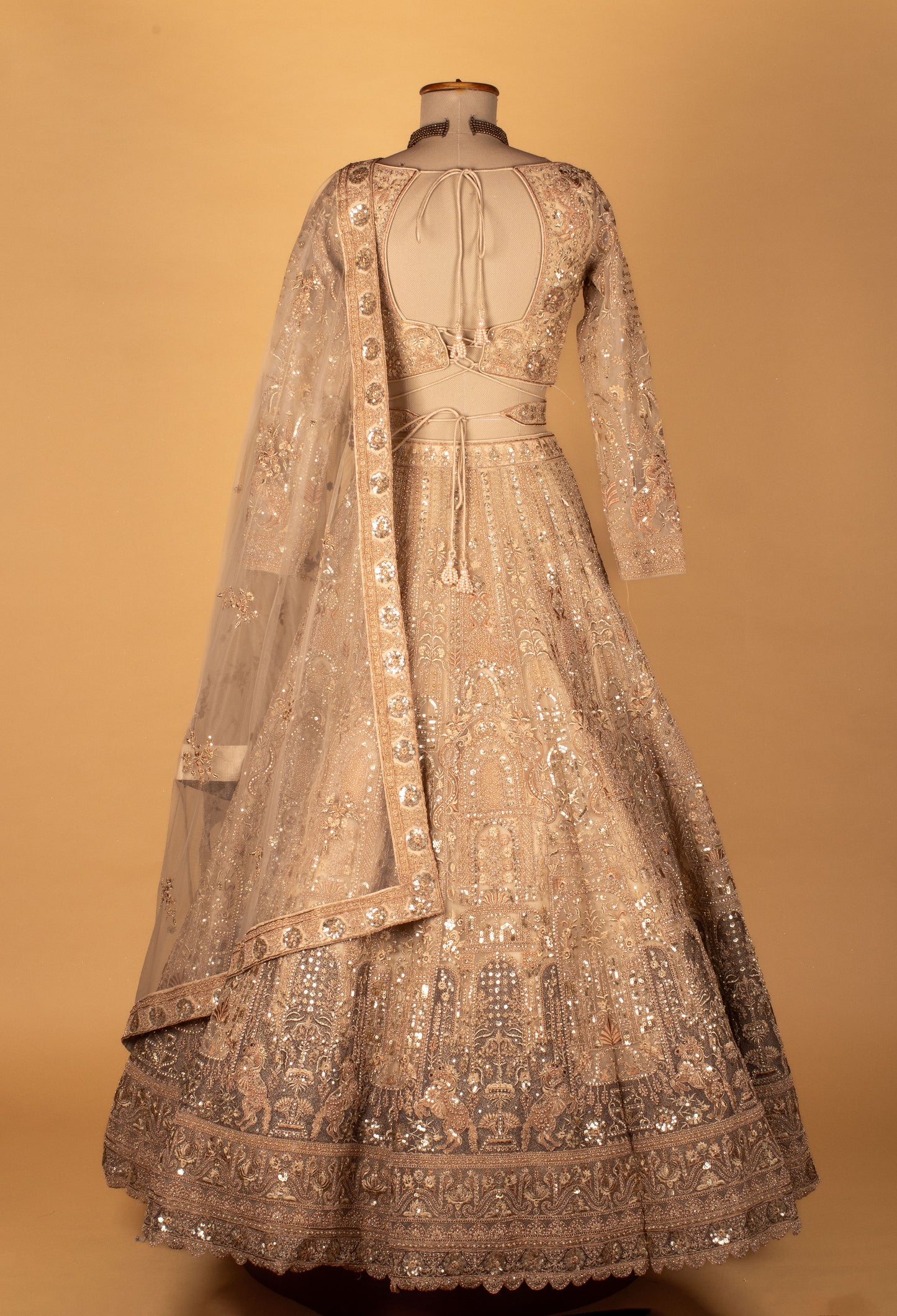 Luxury Champagne Gold Bridal Lehenga Set | Hand Embroidered with Sequins, Pearls & Zari Work | Crop Top, Flared Lehenga & Dupatta