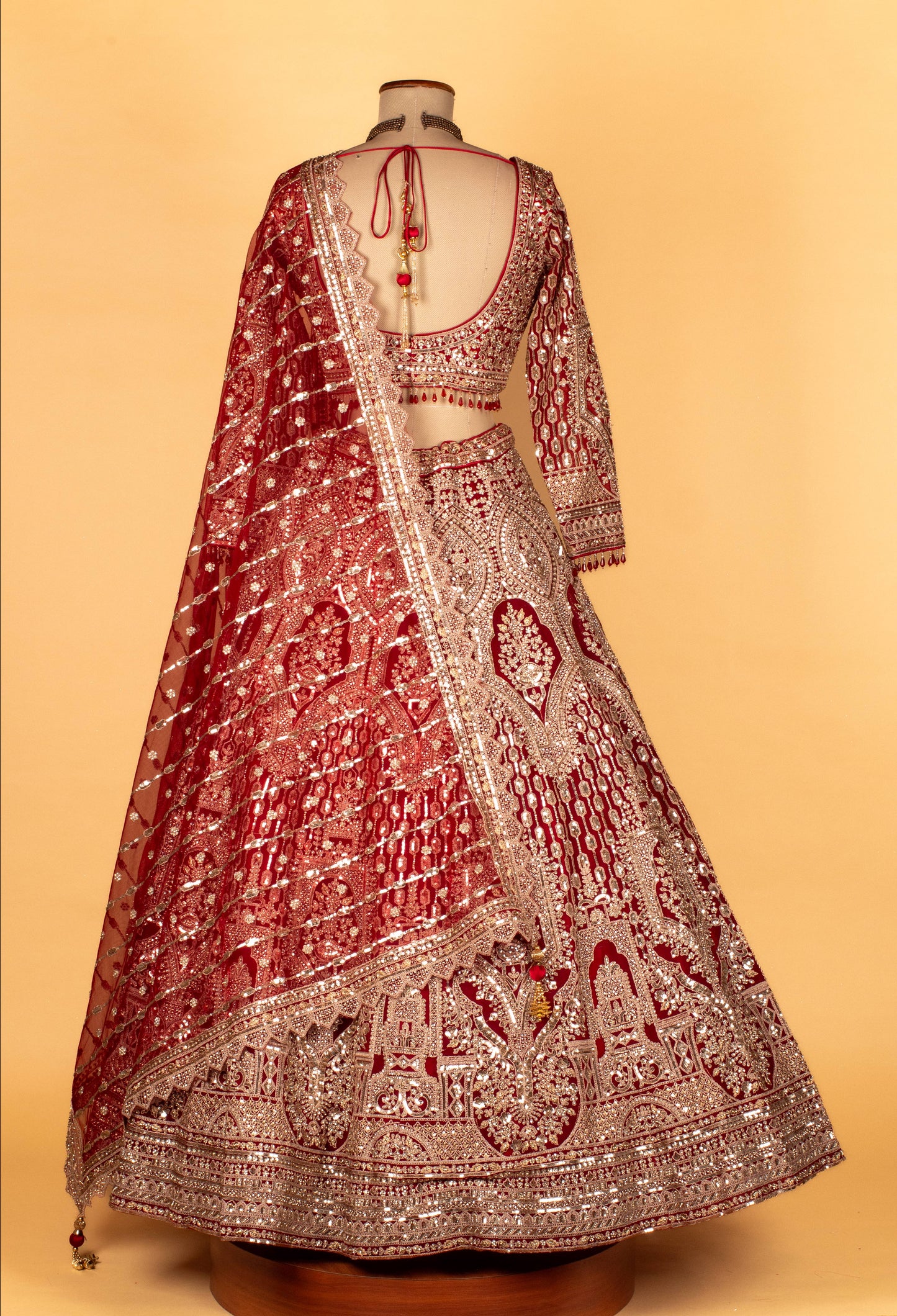 Bridal Heavy Hand-Embroidered Lehenga Set – Deep Red | Mirror, Sequins & Zari Work with Crop Top & Dupatta