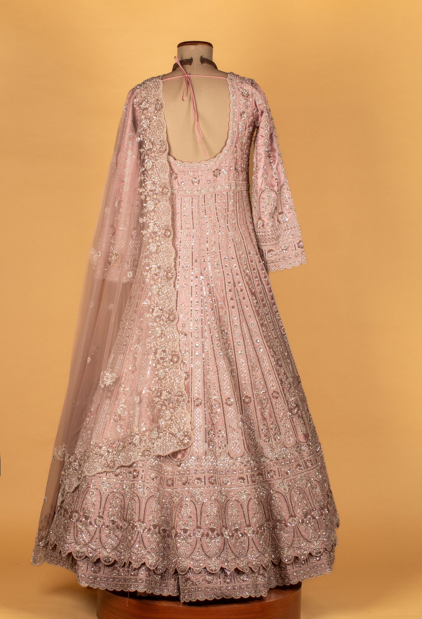 Premium Hand-Embroidered Anarkali Gown – Powder Pink | Sequins, Beads & Zari Work with Dupatta